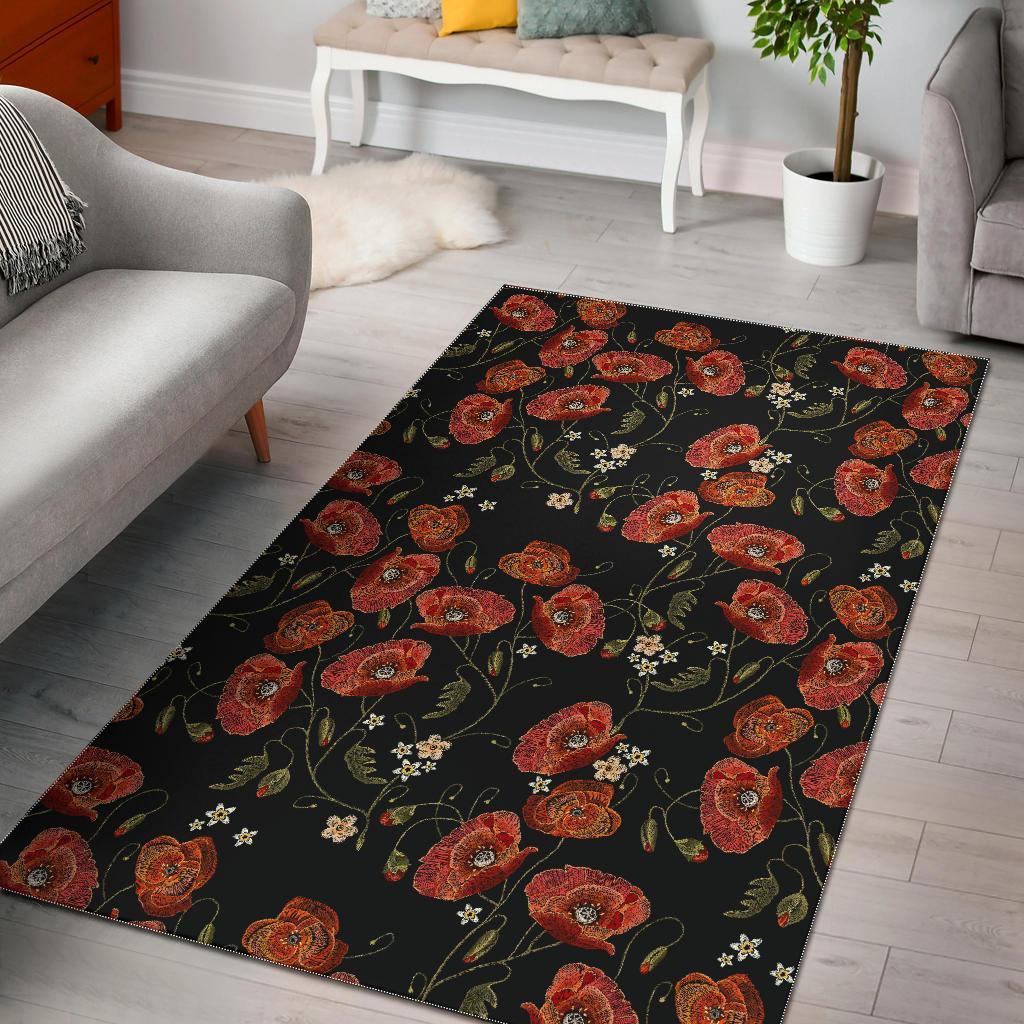 Red Floral Poppy Pattern Print Floor Mat-grizzshop