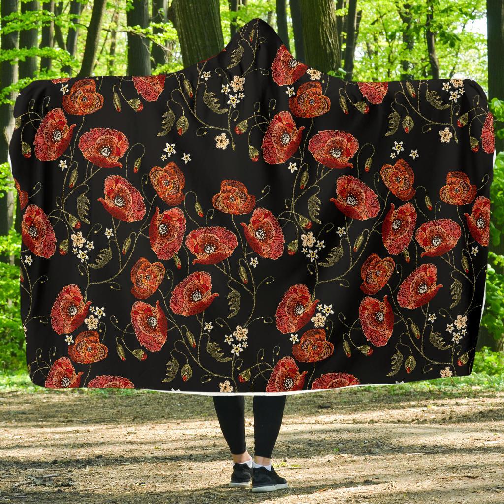 Red Floral Poppy Pattern Print Hooded Blanket-grizzshop