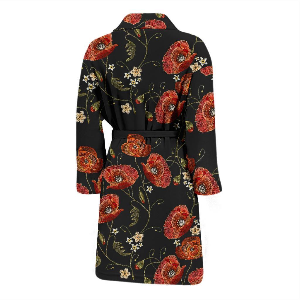 Red Floral Poppy Pattern Print Men Long Robe-grizzshop