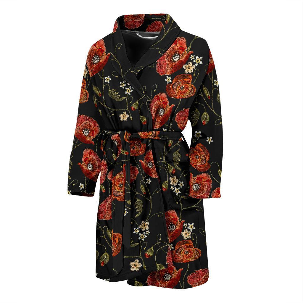 Red Floral Poppy Pattern Print Men Long Robe-grizzshop