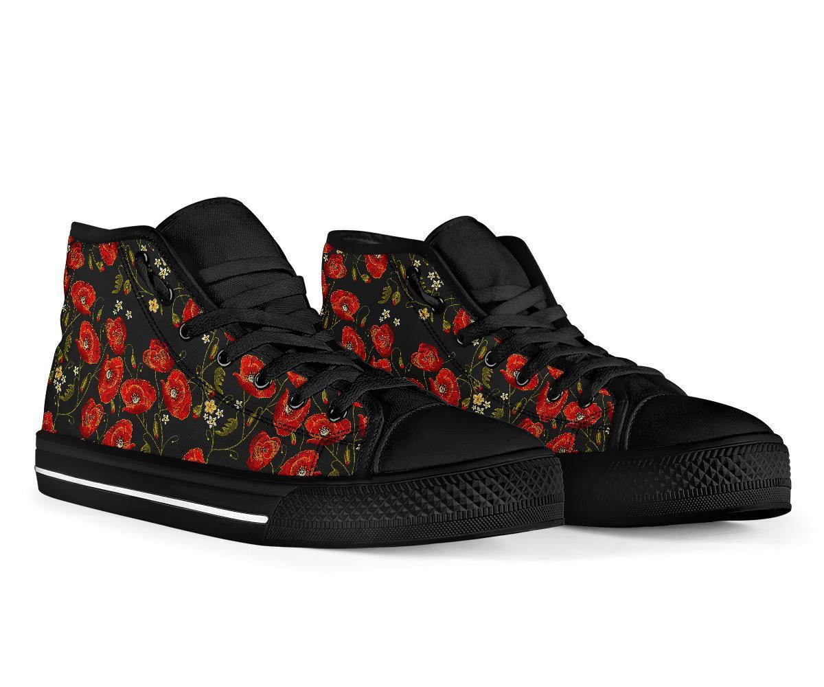 Red Floral Poppy Pattern Print Men Women's High Top Shoes-grizzshop
