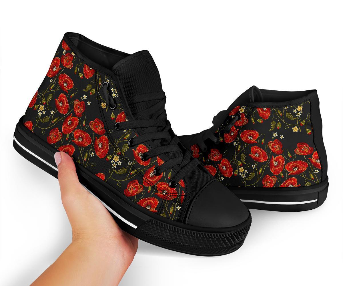 Red Floral Poppy Pattern Print Men Women's High Top Shoes-grizzshop