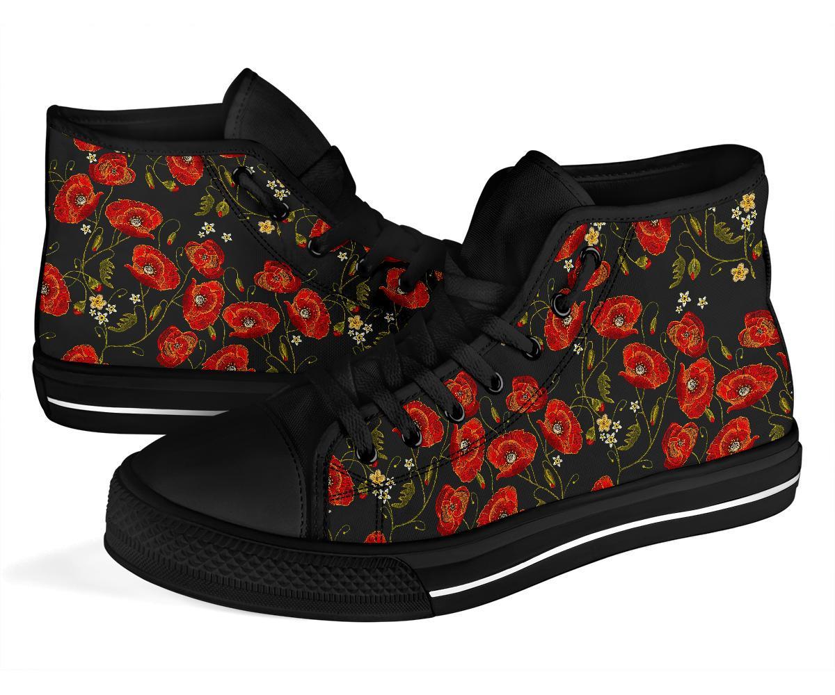 Red Floral Poppy Pattern Print Men Women's High Top Shoes-grizzshop