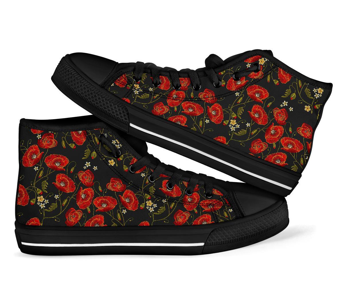 Red Floral Poppy Pattern Print Men Women's High Top Shoes-grizzshop