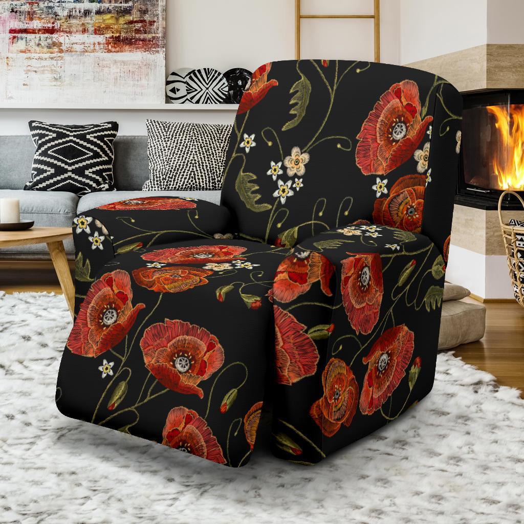 Red Floral Poppy Pattern Print Recliner Cover-grizzshop