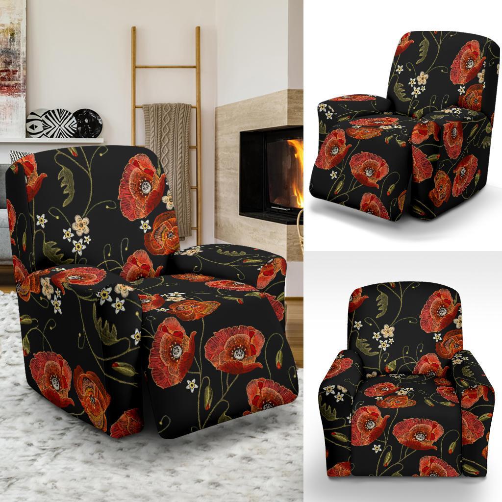 Red Floral Poppy Pattern Print Recliner Cover-grizzshop