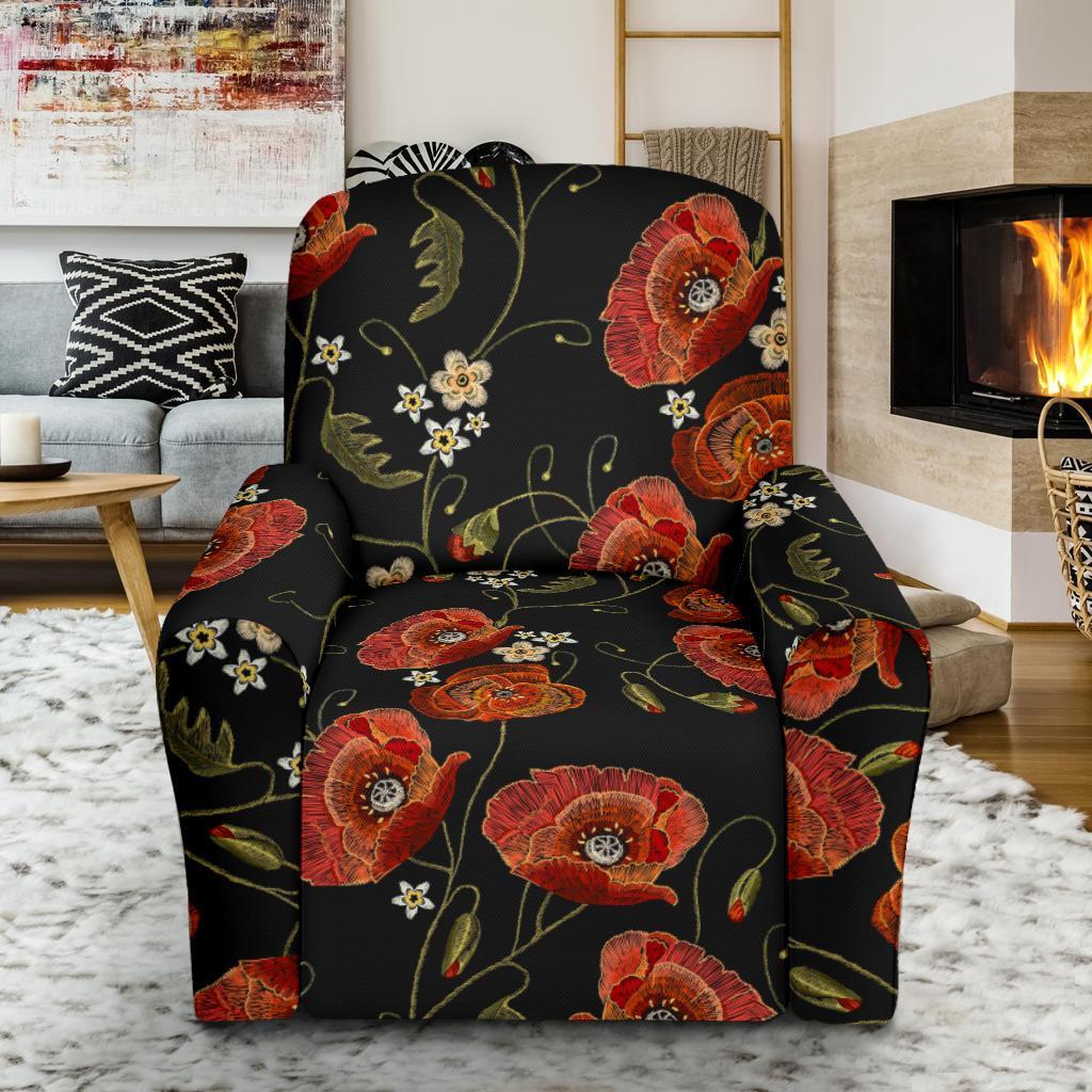 Red Floral Poppy Pattern Print Recliner Cover-grizzshop