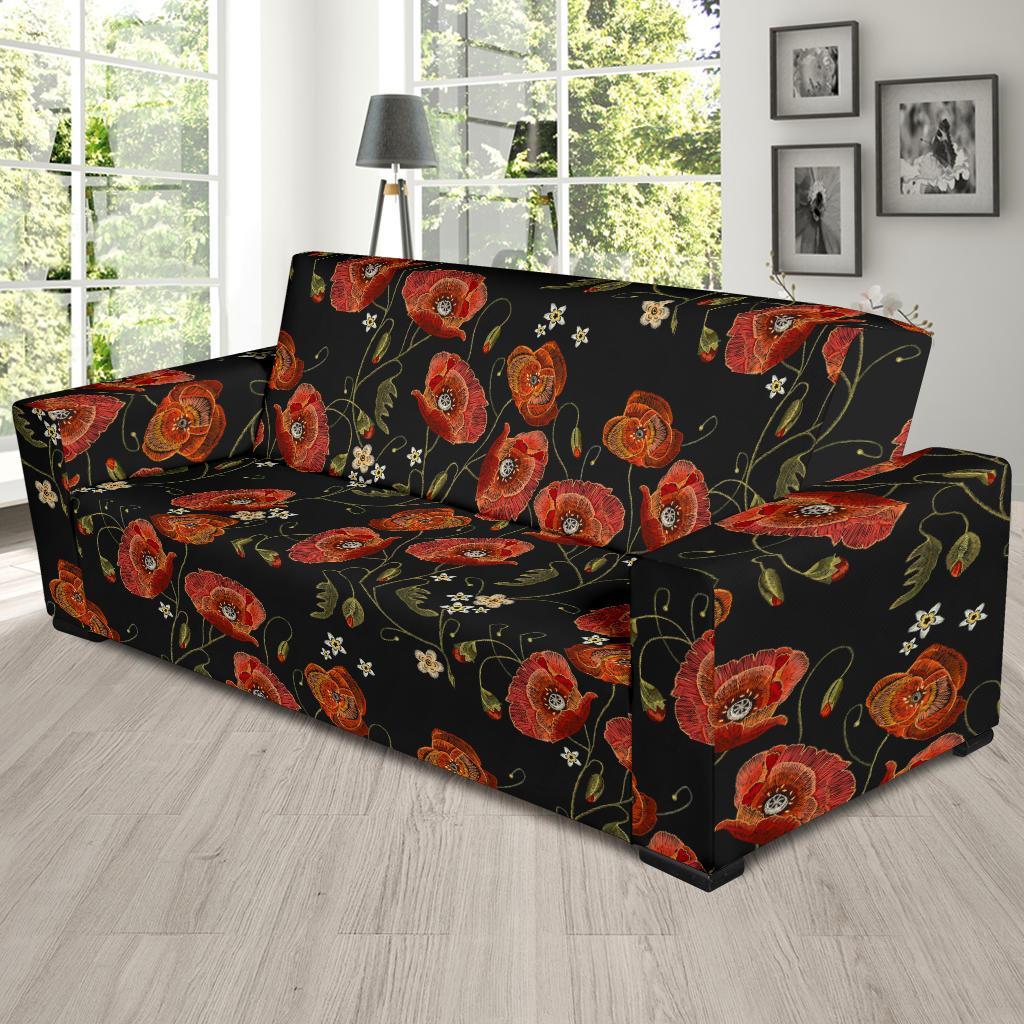 Red Floral Poppy Pattern Print Sofa Covers-grizzshop