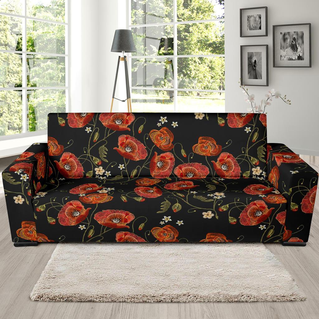 Red Floral Poppy Pattern Print Sofa Covers-grizzshop