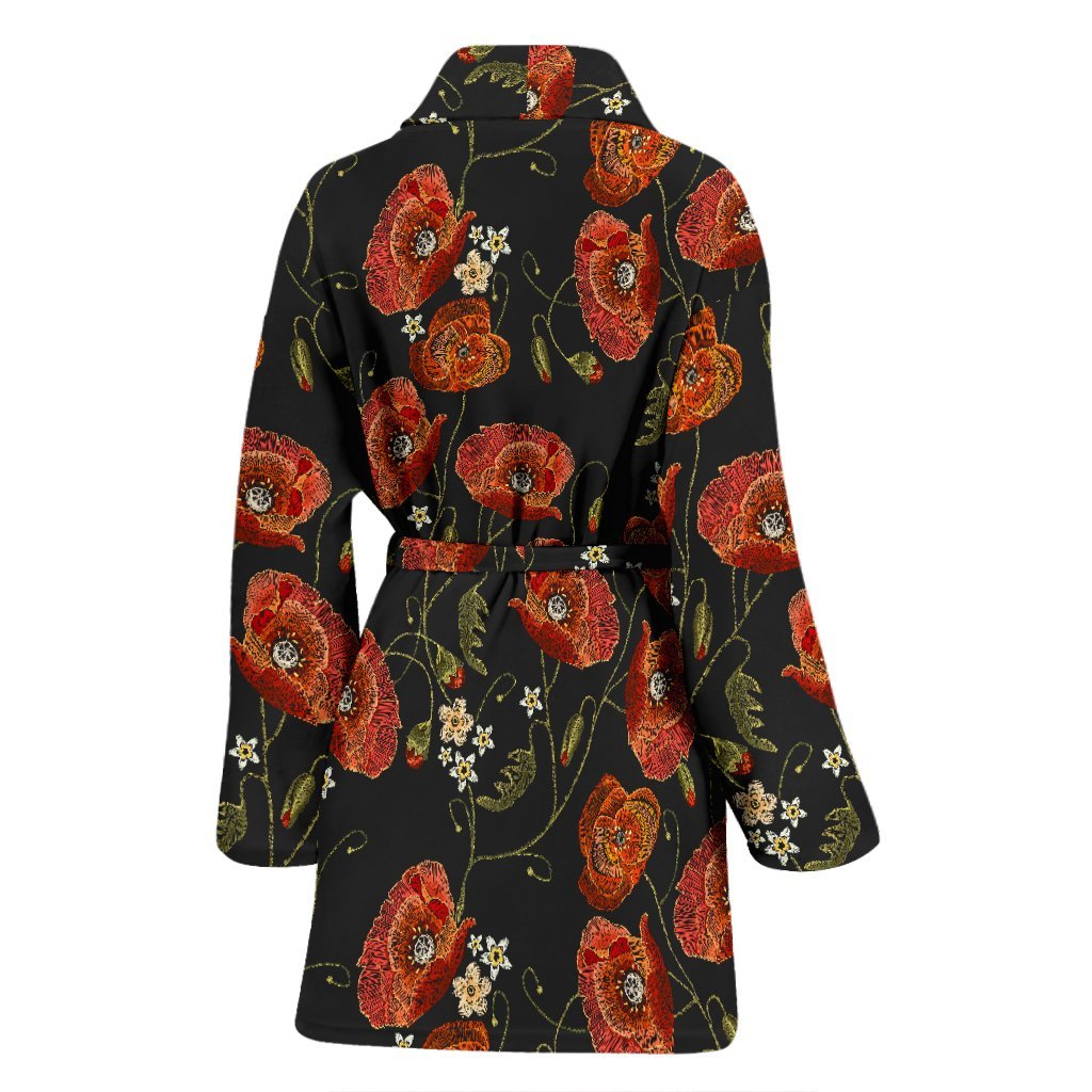 Red Floral Poppy Pattern Print Women Long Robe-grizzshop