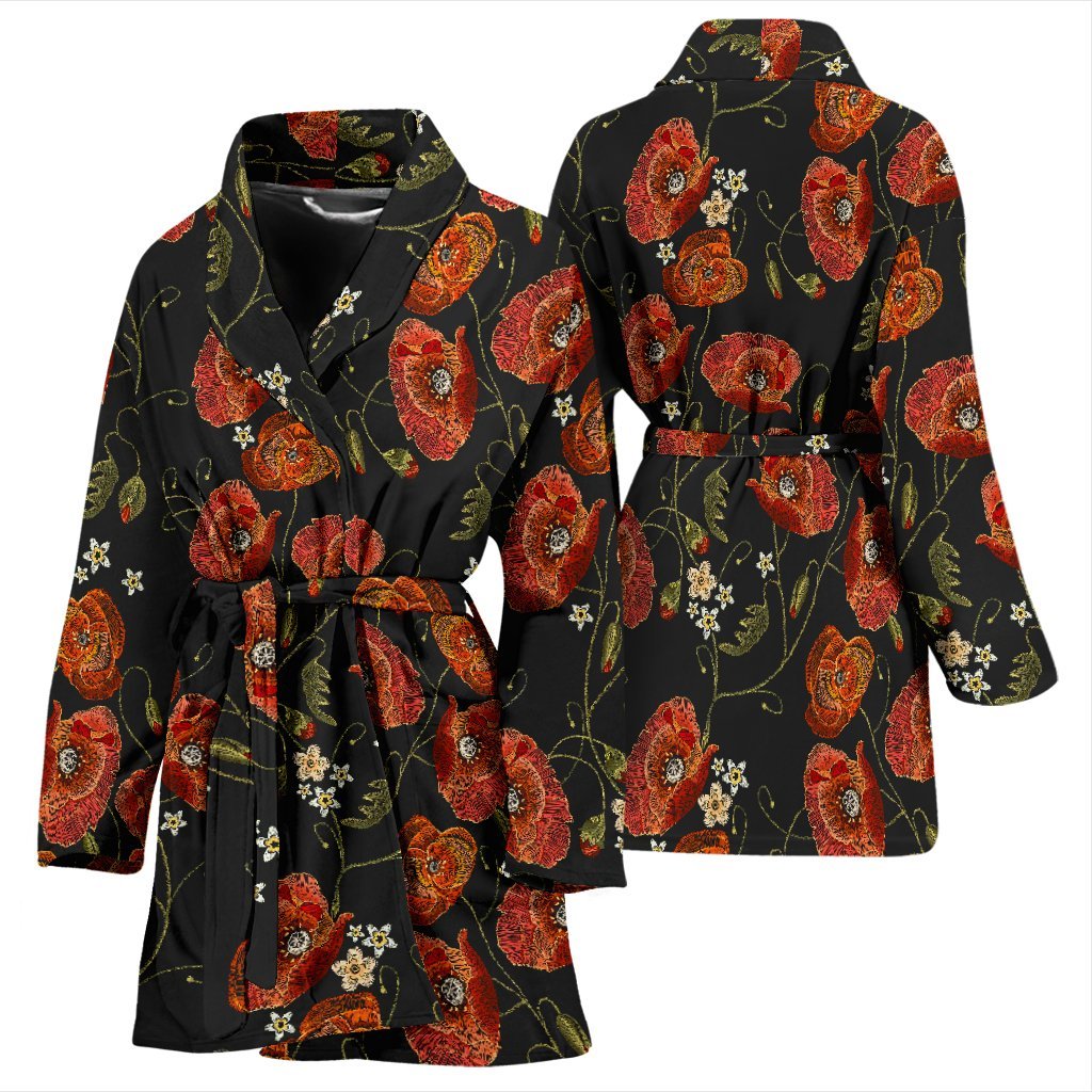 Red Floral Poppy Pattern Print Women Long Robe-grizzshop