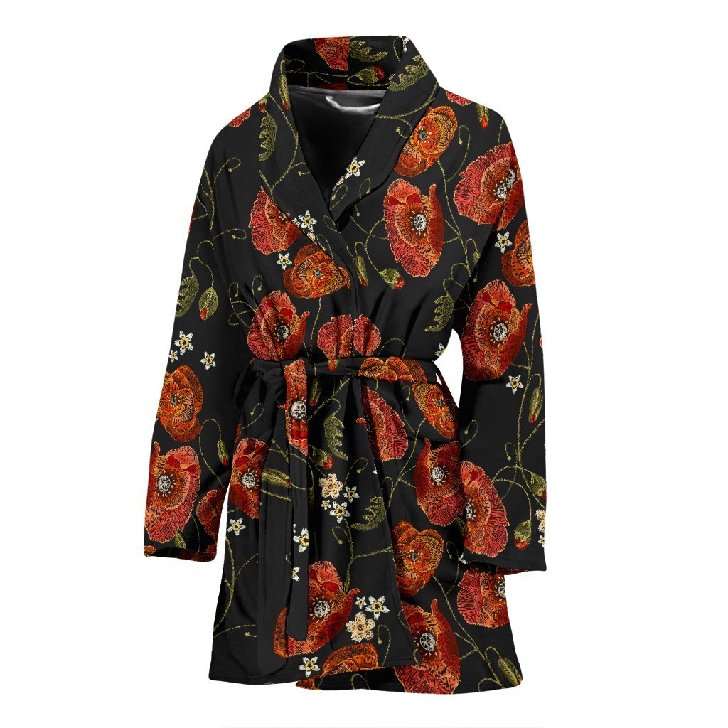 Red Floral Poppy Pattern Print Women Long Robe-grizzshop