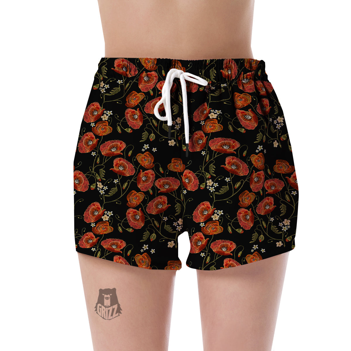 Red Floral Poppy Pattern Print Women's Shorts-grizzshop