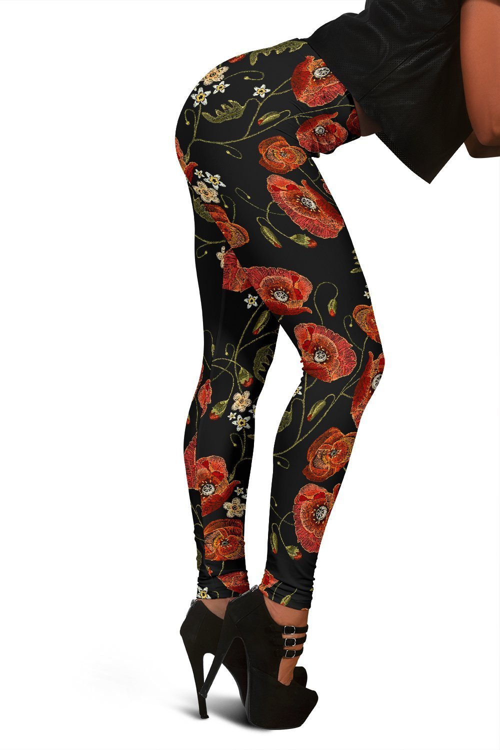 Red Floral Poppy Print Pattern Women Leggings-grizzshop