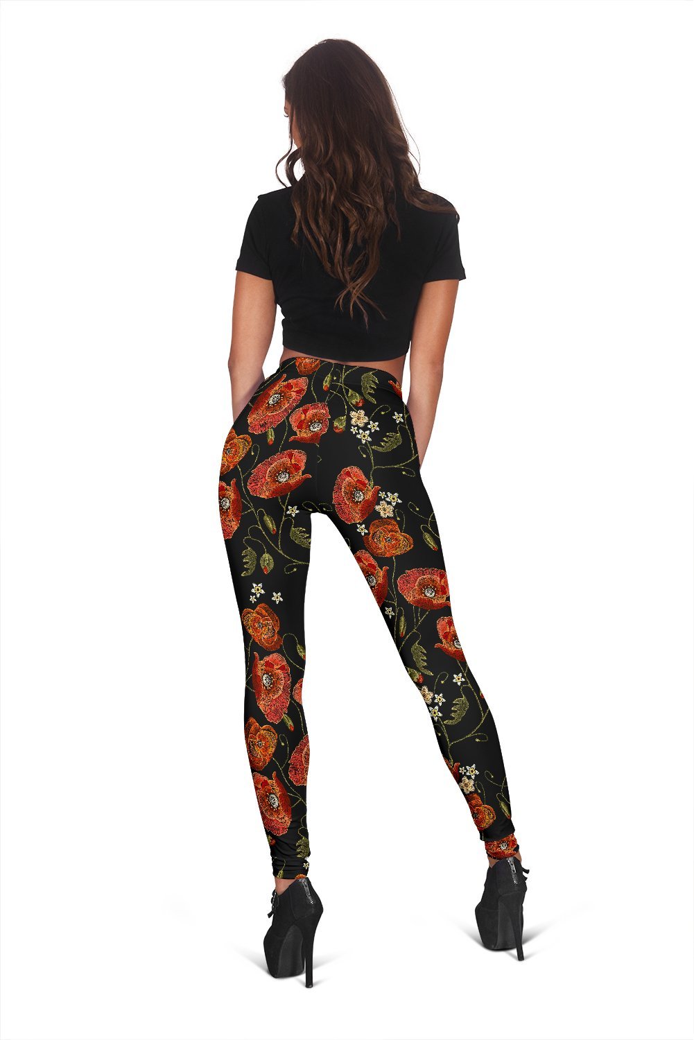 Red Floral Poppy Print Pattern Women Leggings-grizzshop