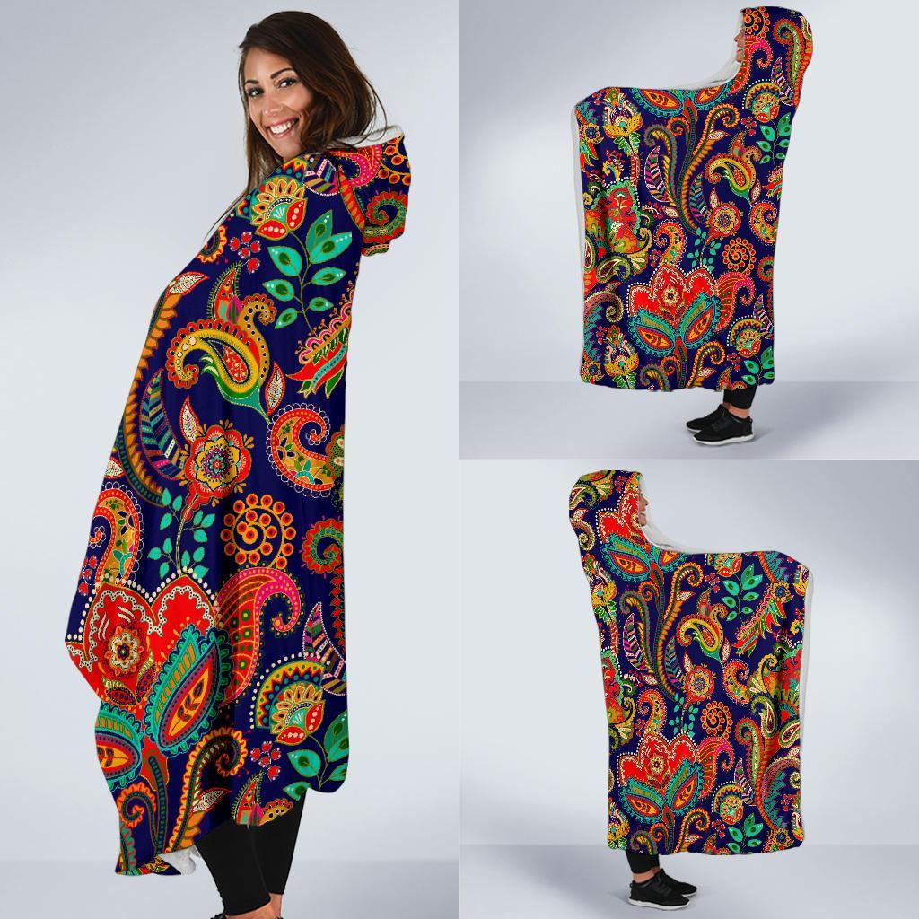 Red Flower Paisley Pattern Print Hooded Blanket-grizzshop