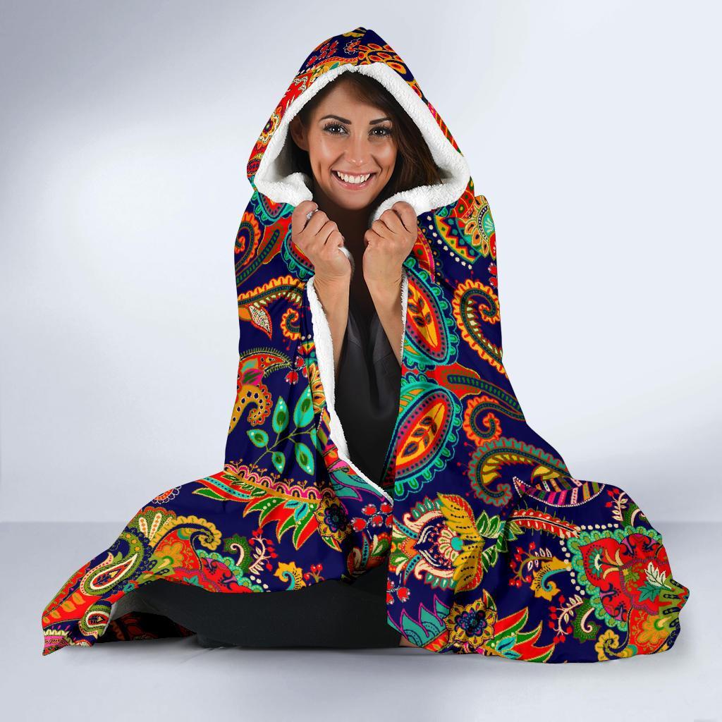 Red Flower Paisley Pattern Print Hooded Blanket-grizzshop