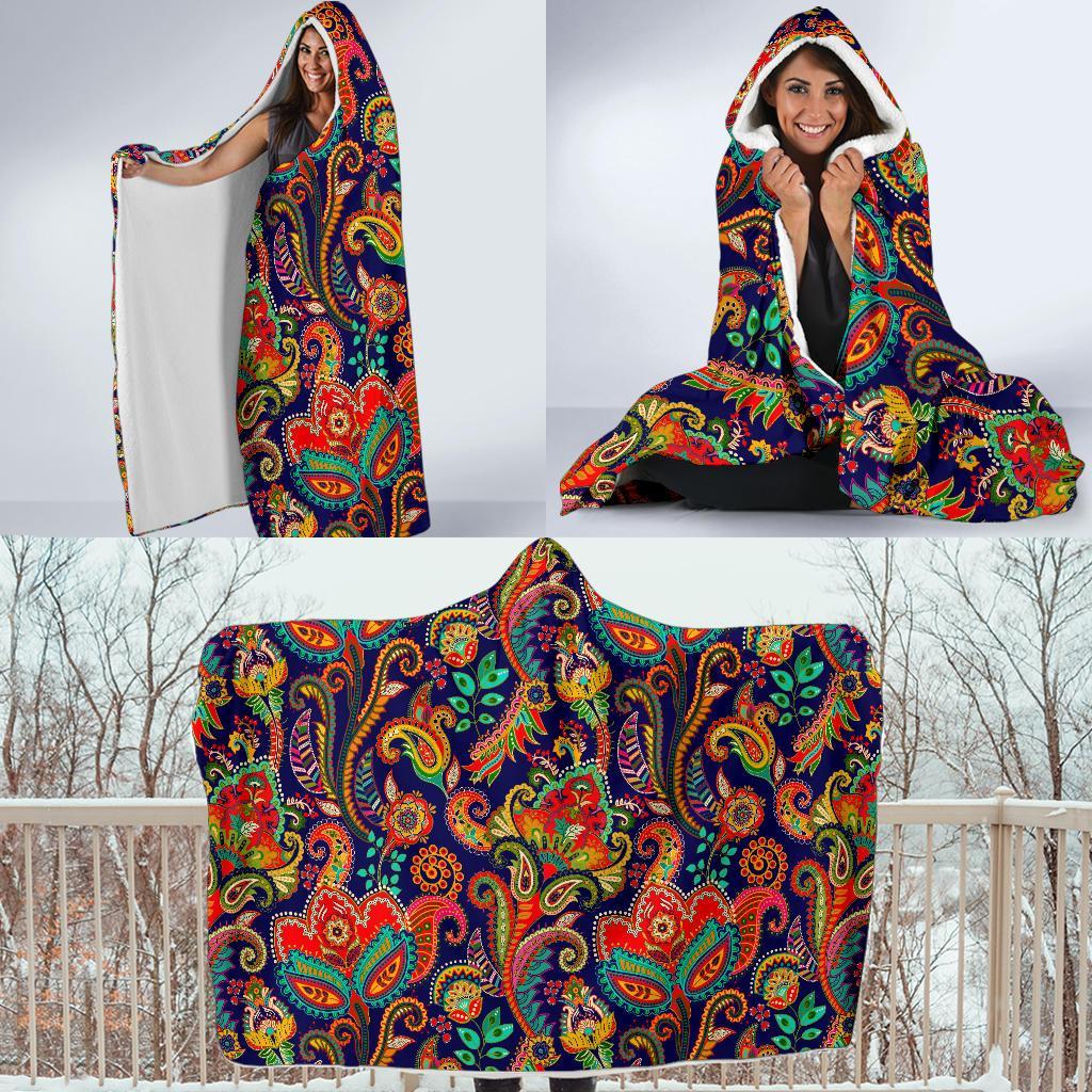 Red Flower Paisley Pattern Print Hooded Blanket-grizzshop