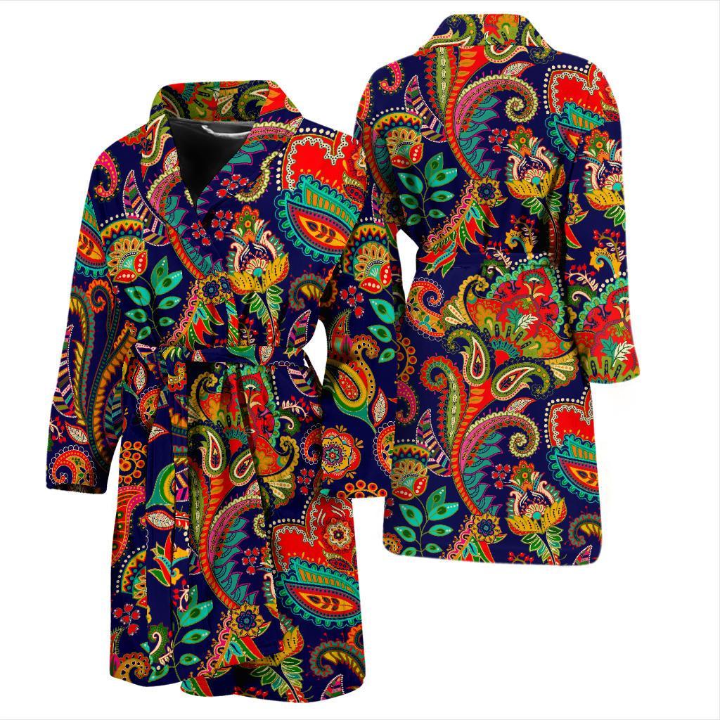 Red Flower Paisley Pattern Print Men Long Robe-grizzshop