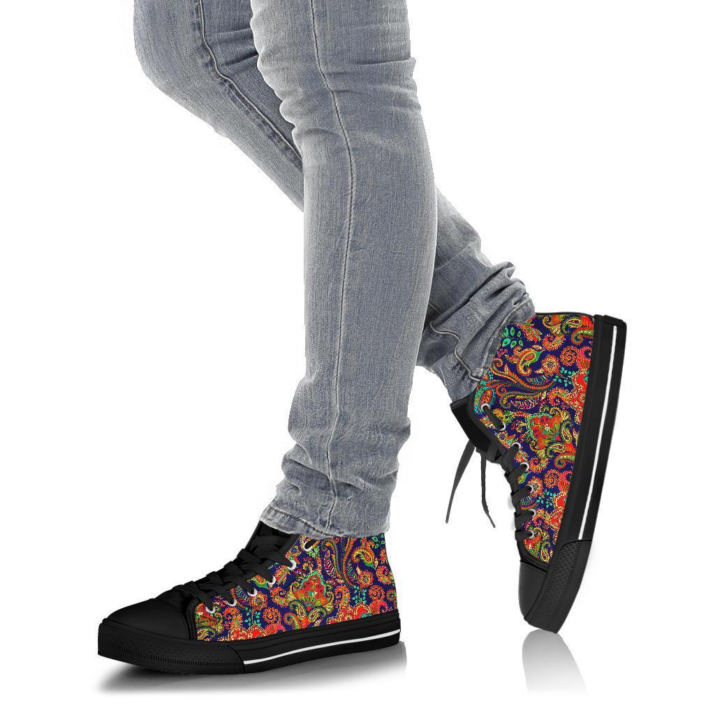 Red Flower Paisley Pattern Print Men Women's High Top Shoes-grizzshop