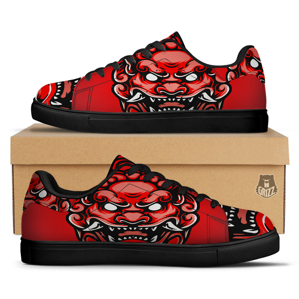 Red Foo Dog Print Black Low Top Sneakers-grizzshop