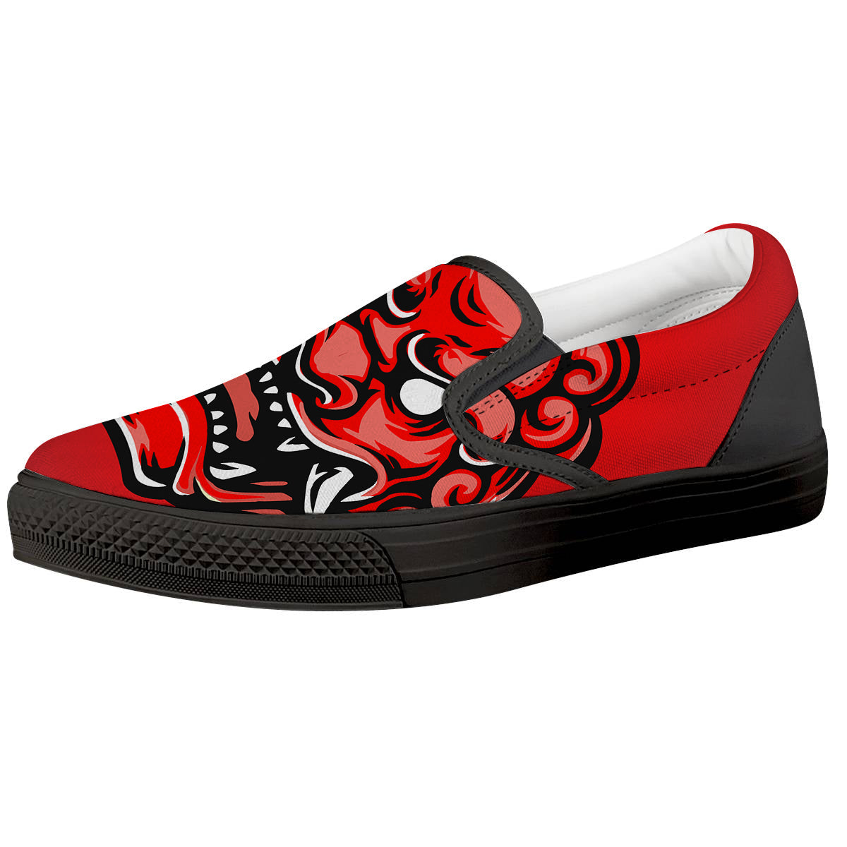 Red Foo Dog Print Black Slip On Shoes-grizzshop