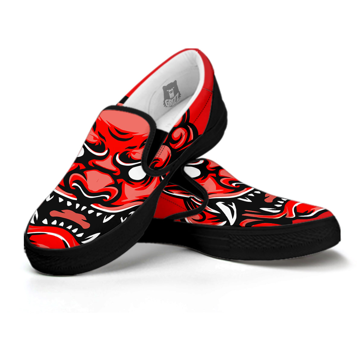 Red Foo Dog Print Black Slip On Shoes-grizzshop