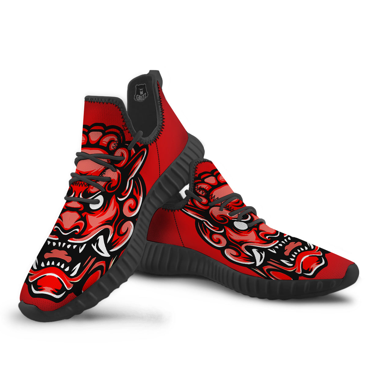 Red Foo Dog Print Black Walking Shoes-grizzshop