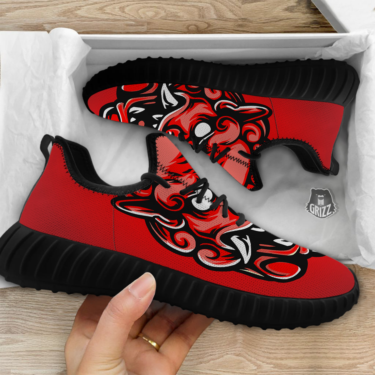 Red Foo Dog Print Black Walking Shoes-grizzshop