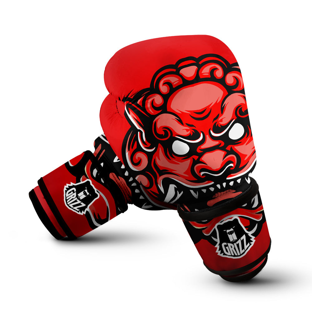 Red Foo Dog Print Boxing Gloves-grizzshop