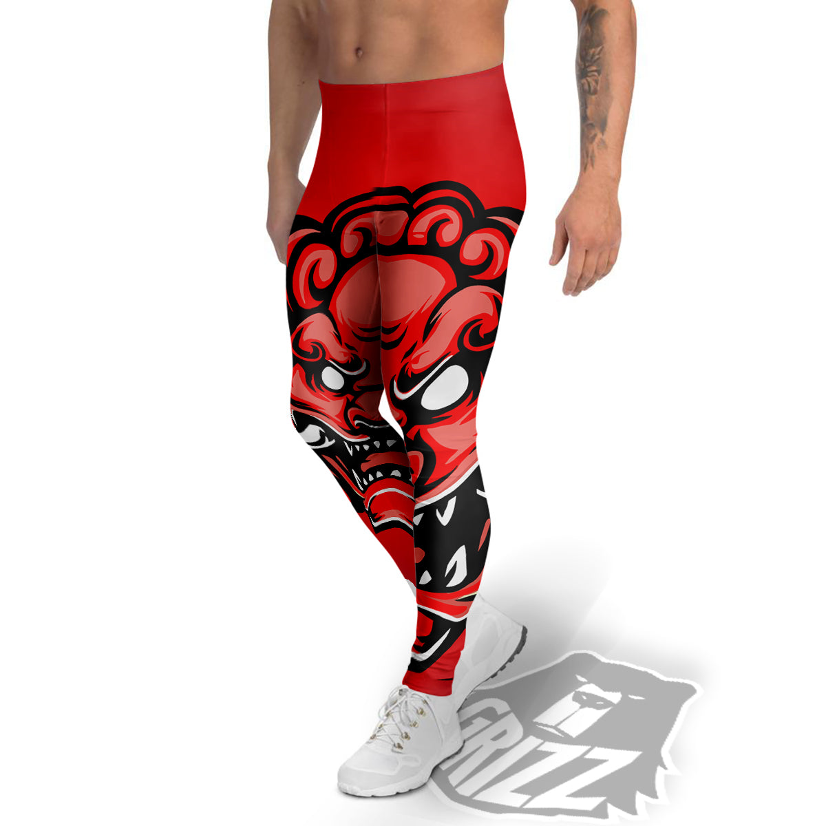 Red Foo Dog Print Men's Leggings-grizzshop