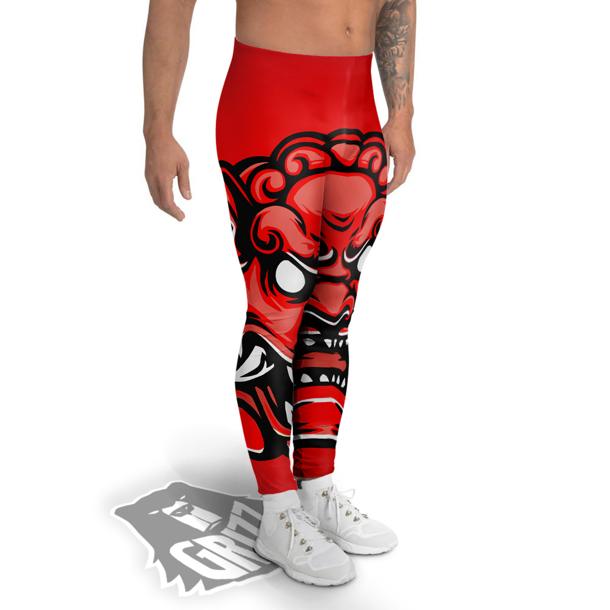 Red Foo Dog Print Men's Leggings-grizzshop