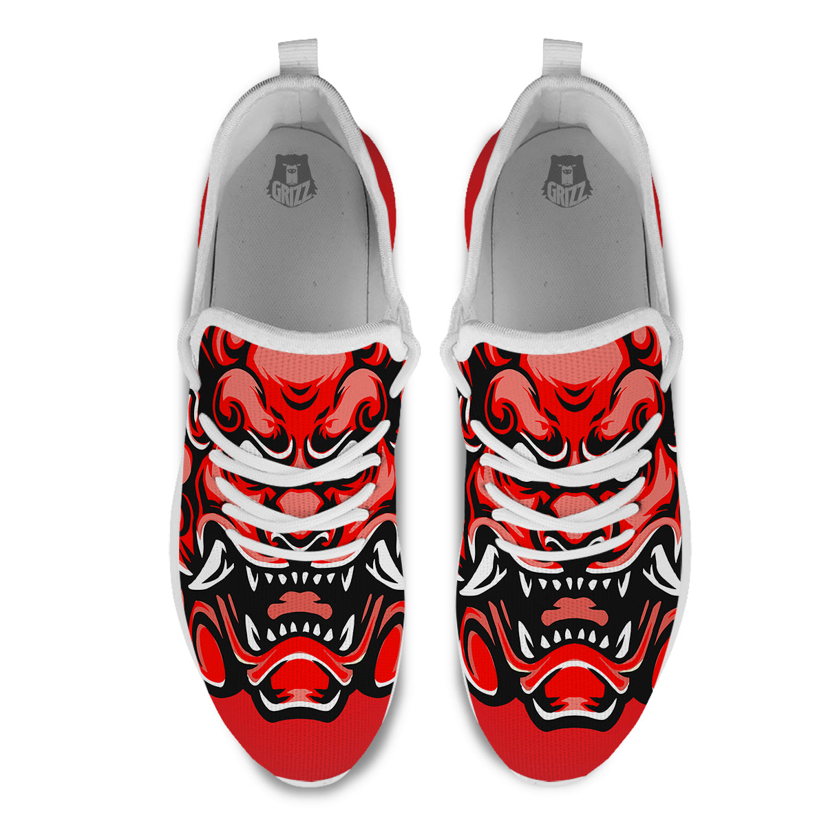 Red Foo Dog Print White Athletic Shoes-grizzshop