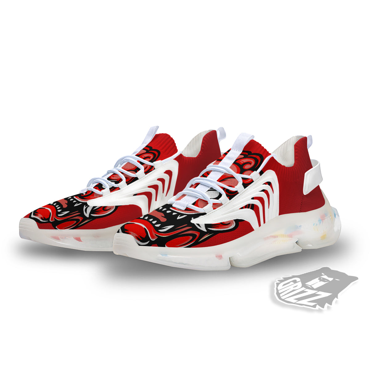 Red Foo Dog Print White Gym Shoes-grizzshop