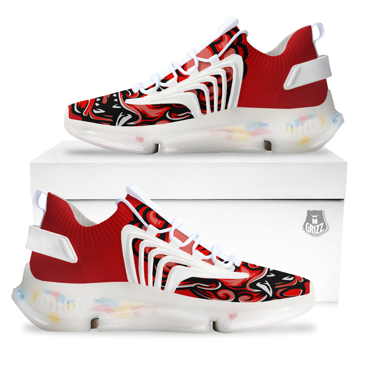 Red Foo Dog Print White Gym Shoes-grizzshop