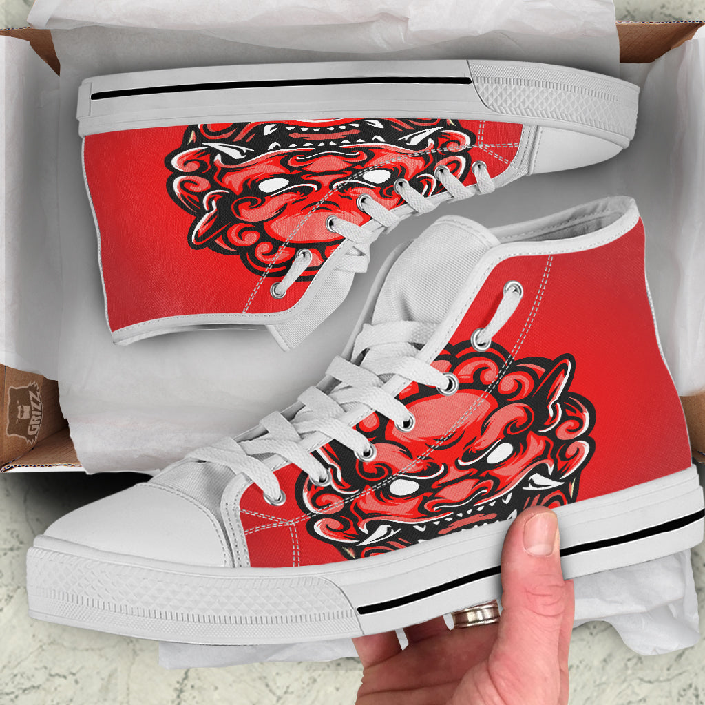 Red Foo Dog Print White High Top Shoes-grizzshop
