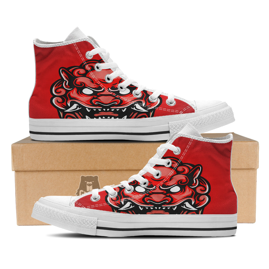 Red Foo Dog Print White High Top Shoes-grizzshop
