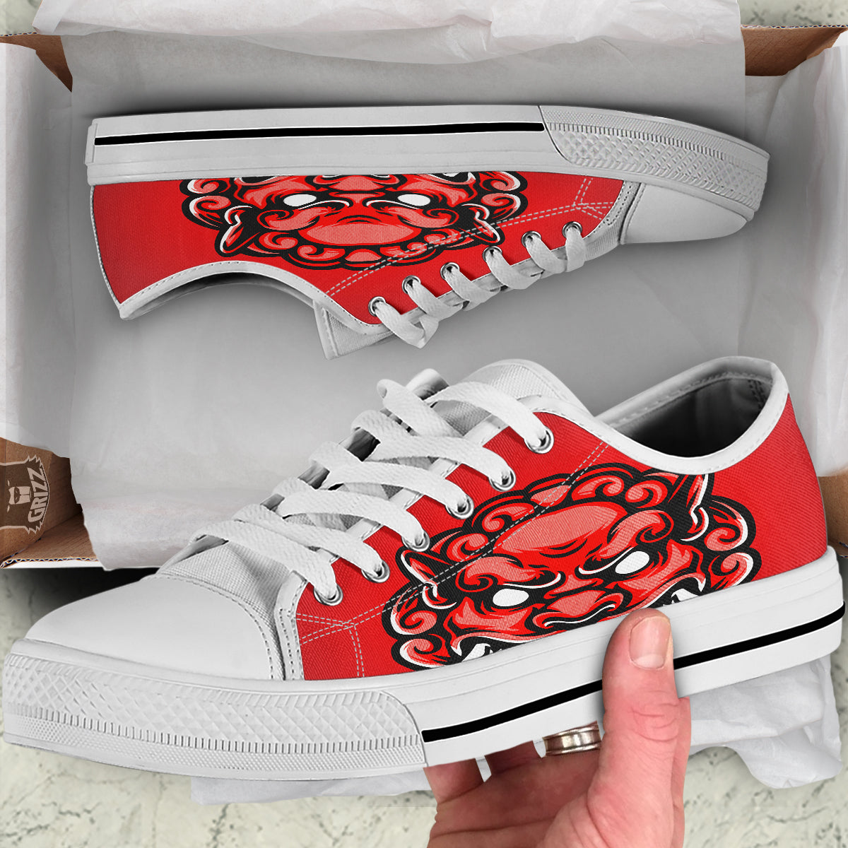 Red Foo Dog Print White Low Top Shoes-grizzshop