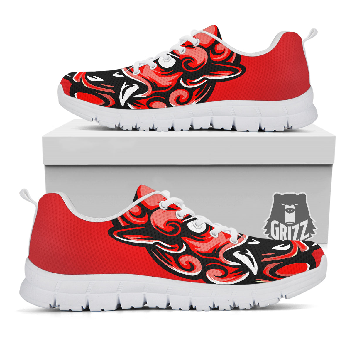 Red Foo Dog Print White Sneaker-grizzshop
