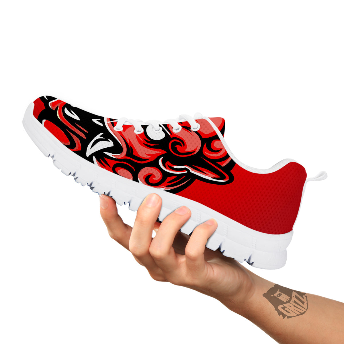 Red Foo Dog Print White Sneaker-grizzshop