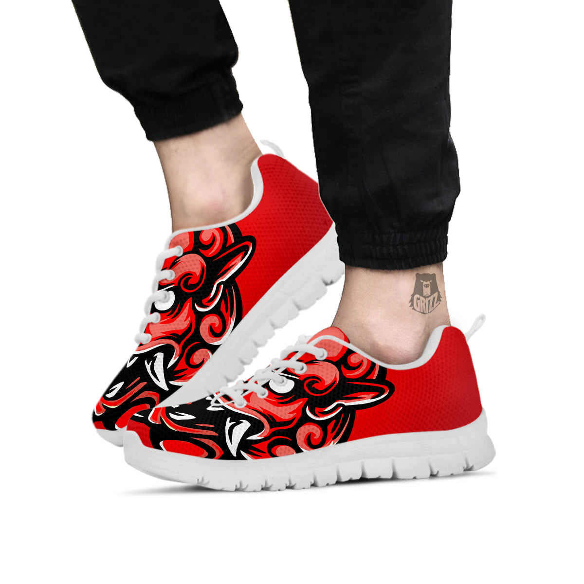 Red Foo Dog Print White Sneaker-grizzshop
