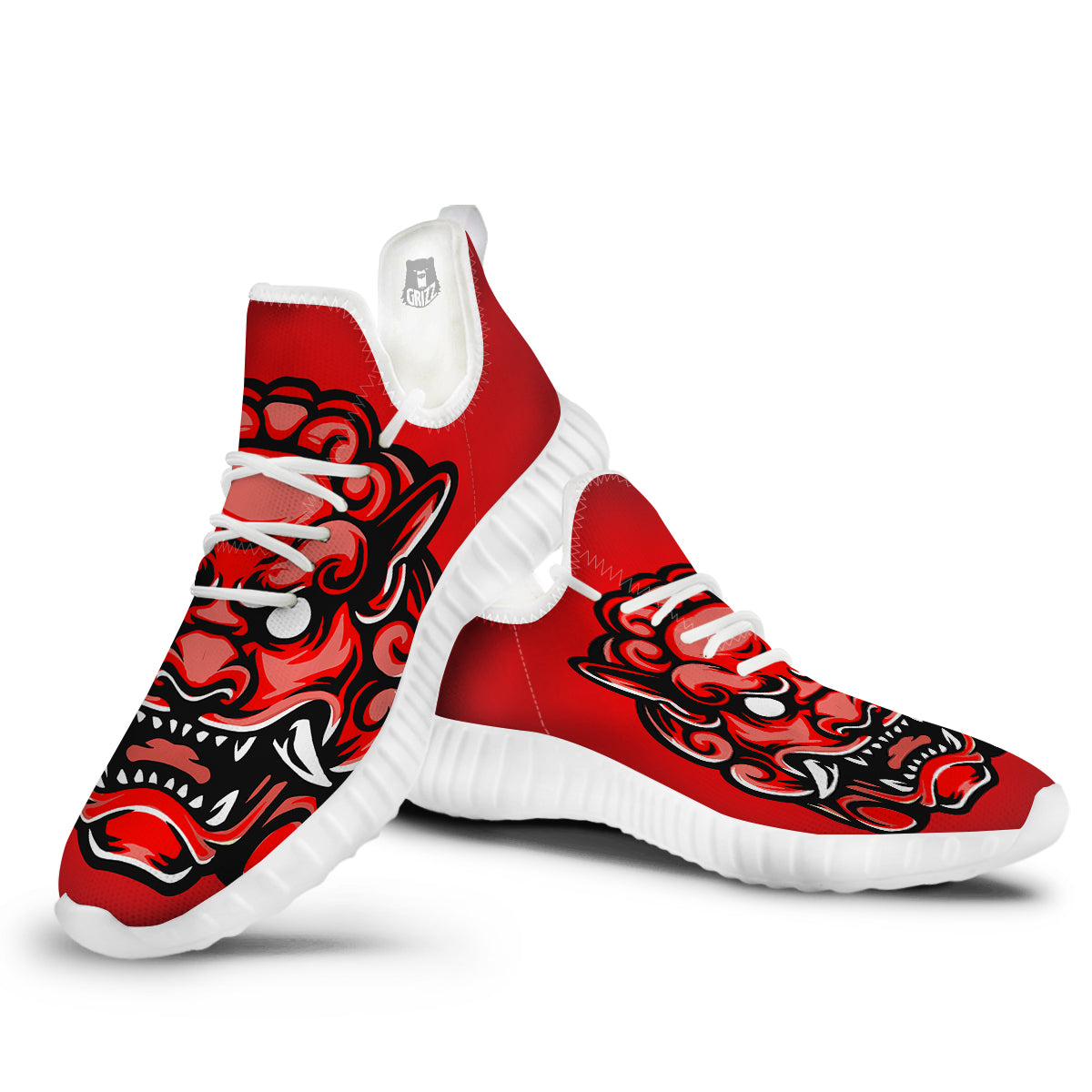 Red Foo Dog Print White Walking Shoes-grizzshop