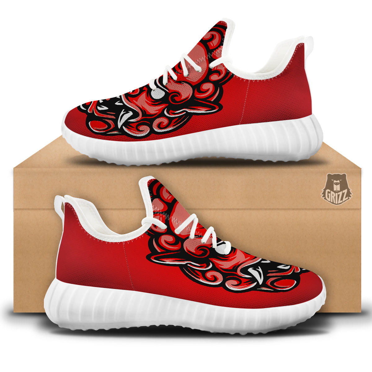 Red Foo Dog Print White Walking Shoes-grizzshop