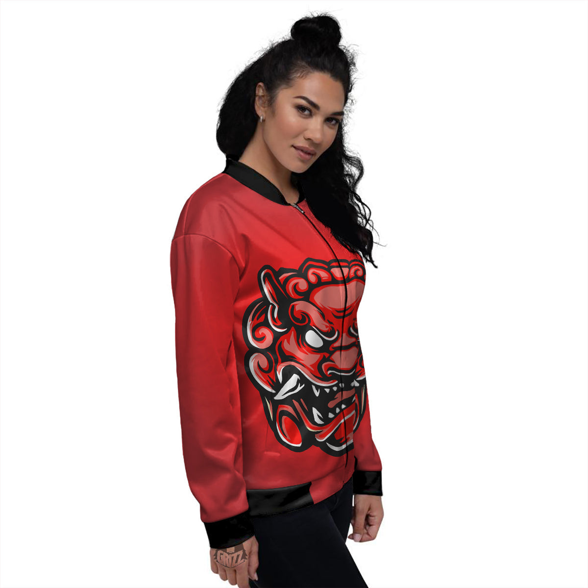 Red Foo Dog Print Women's Bomber Jacket-grizzshop