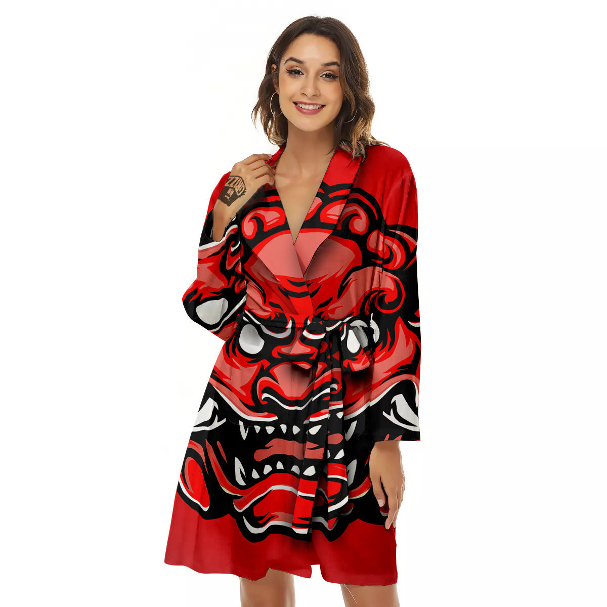 Red Foo Dog Print Women's Robe-grizzshop