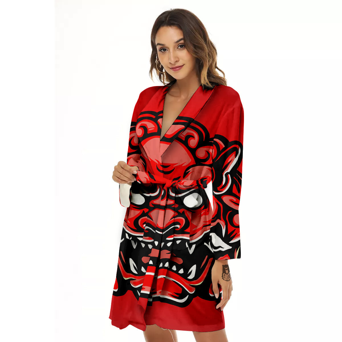 Red Foo Dog Print Women's Robe-grizzshop