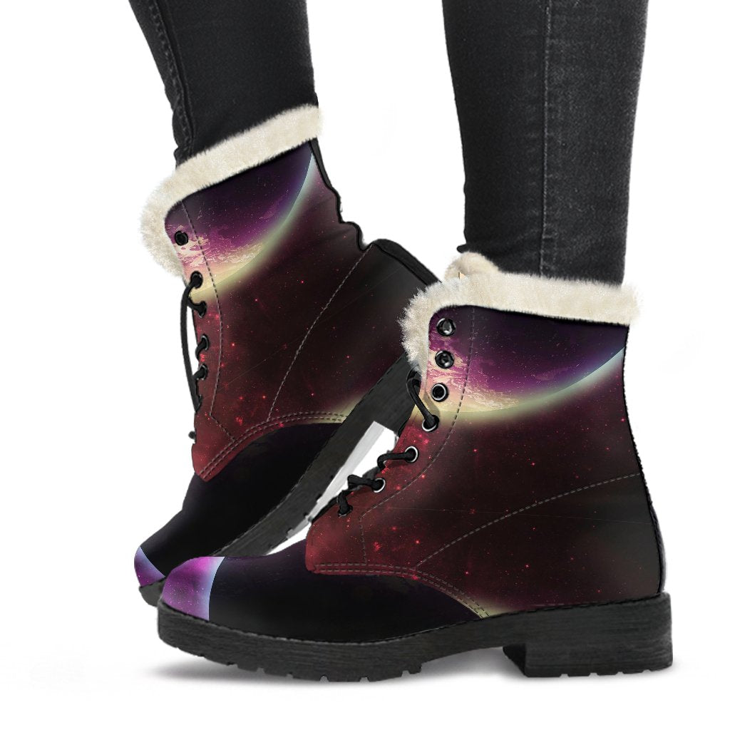 Red Galaxy Space Moon Earth Print Comfy Winter Boots-grizzshop