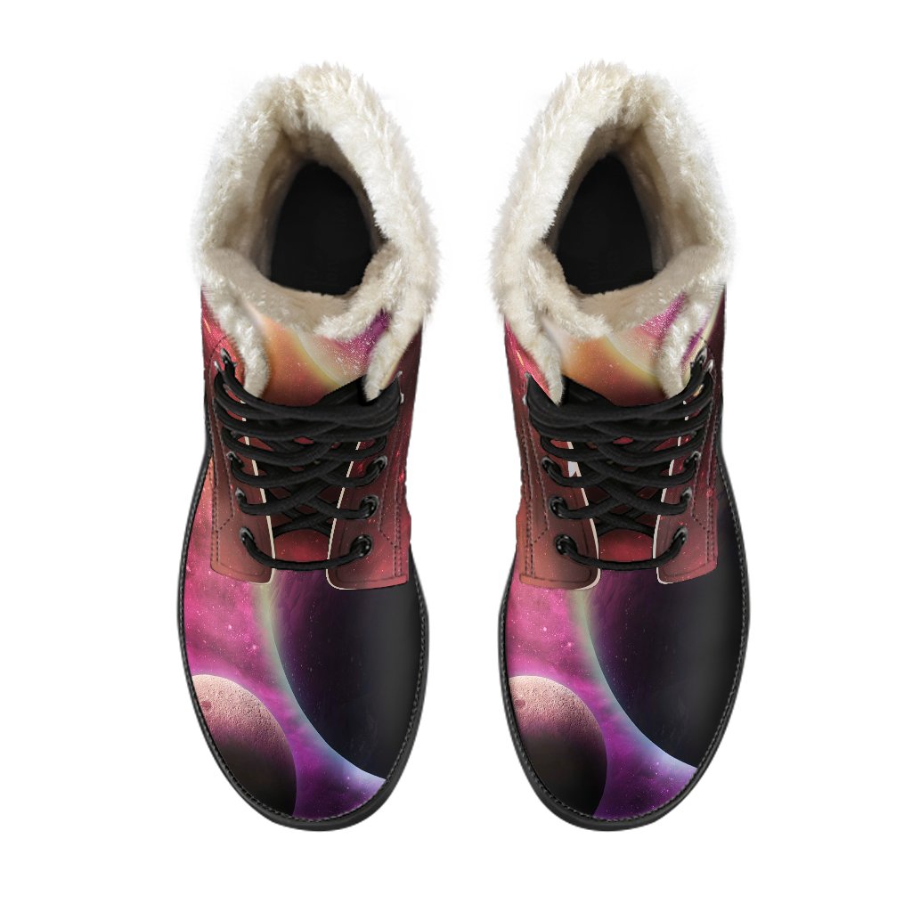 Red Galaxy Space Moon Earth Print Comfy Winter Boots-grizzshop