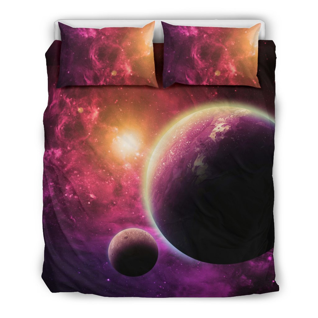 Red Galaxy Space Moon Earth Print Duvet Cover Bedding Set-grizzshop