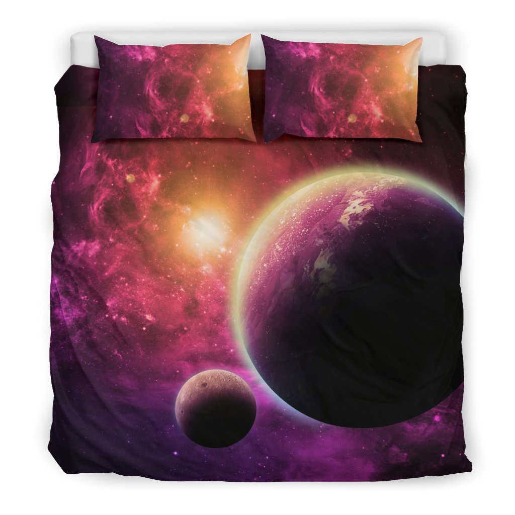 Red Galaxy Space Moon Earth Print Duvet Cover Bedding Set-grizzshop